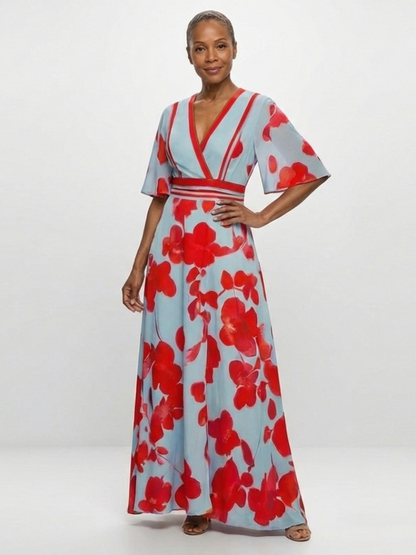 Corinne | Women's V Neck Short Sleeve Floral Maxi Dress