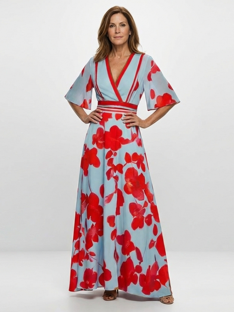 Corinne | Women's V Neck Short Sleeve Floral Maxi Dress