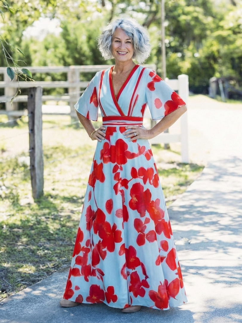 Corinne | Women's V Neck Short Sleeve Floral Maxi Dress
