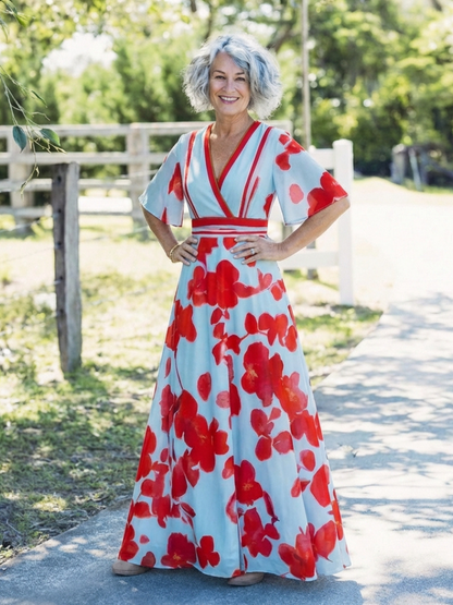 Corinne | Women's V Neck Short Sleeve Floral Maxi Dress