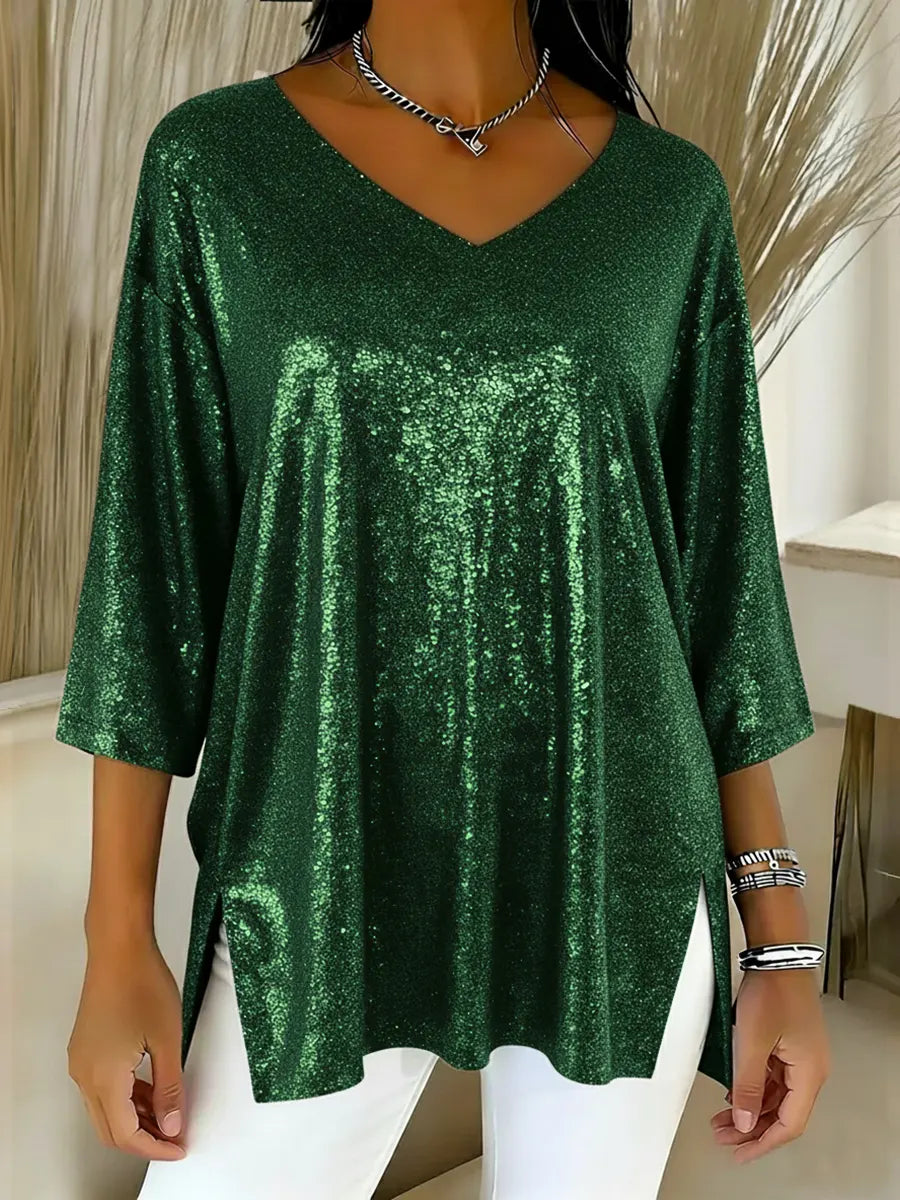 Elina | Women's Shiny V-Neck Christmas Top with Pockets
