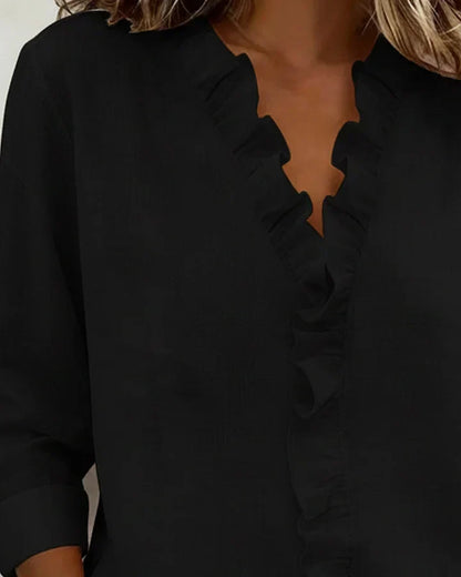 Indie | Women's Relaxed Ruffled V-Neck Blouse with Long Sleeves