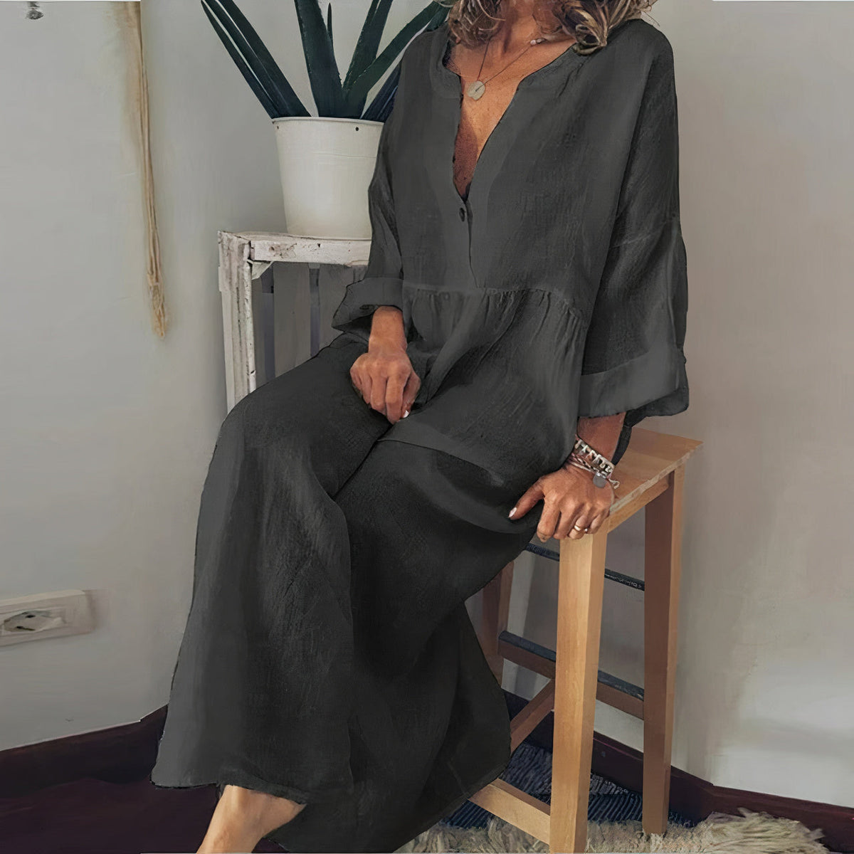 Women's Chic Blouse-Style Maxi Dress with Long Sleeve