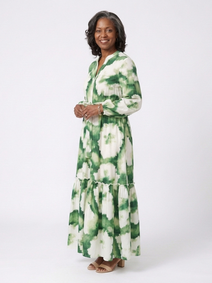 Sabine | Women's Relaxed Long Sleeve Tie Waist Tiered Maxi Dress