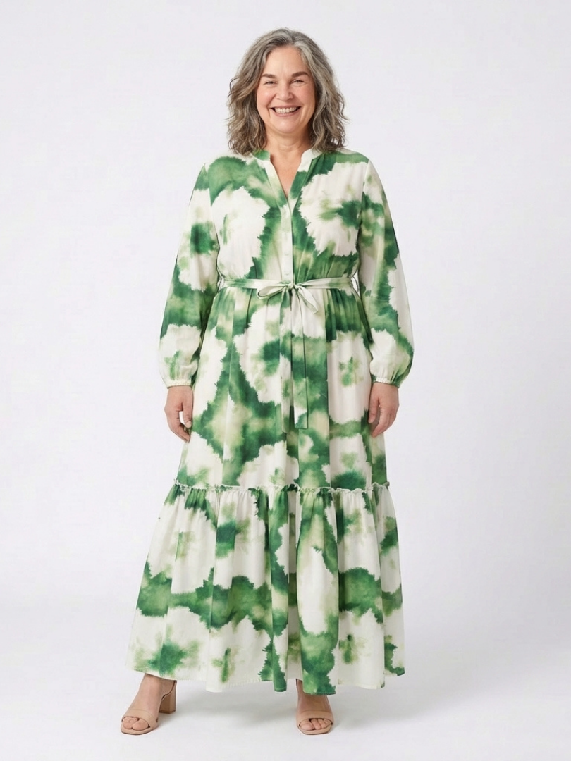 Sabine | Women's Relaxed Long Sleeve Tie Waist Tiered Maxi Dress