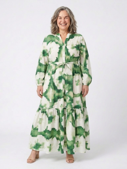 Sabine | Women's Relaxed Long Sleeve Tie Waist Tiered Maxi Dress