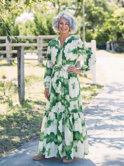 Sabine | Women's Relaxed Long Sleeve Tie Waist Tiered Maxi Dress