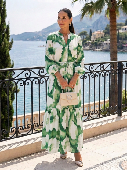 Sabine | Women's Relaxed Long Sleeve Tie Waist Tiered Maxi Dress