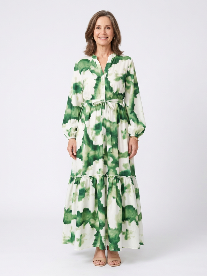 Sabine | Women's Relaxed Long Sleeve Tie Waist Tiered Maxi Dress