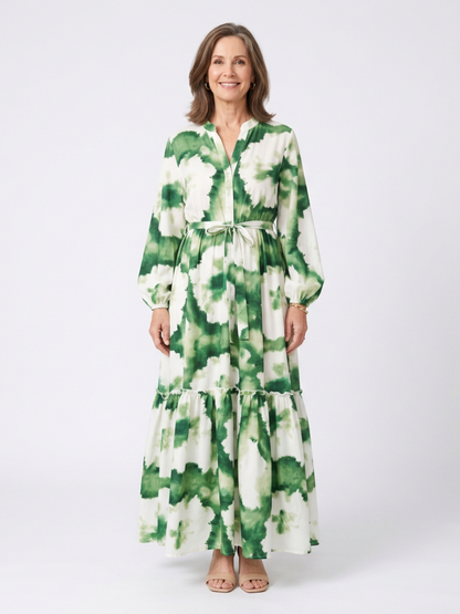 Sabine | Women's Relaxed Long Sleeve Tie Waist Tiered Maxi Dress