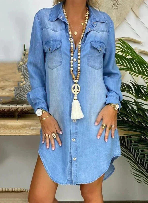 Jasmine | Women's Relaxed Trendy Long Sleeved Denim Shirt Midi Dress