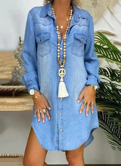 Jasmine | Women's Relaxed Trendy Long Sleeved Denim Shirt Midi Dress
