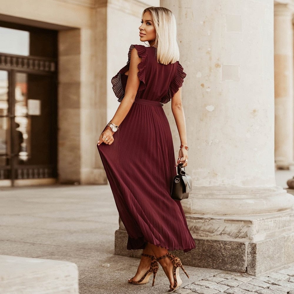 Women's Elena Dark Red Boho Festive Maxi Dress with V-Neck