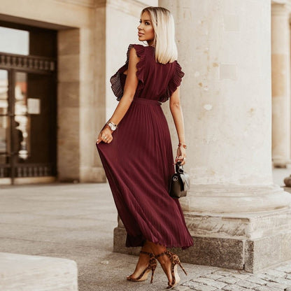 Women's Elena Dark Red Boho Festive Maxi Dress with V-Neck