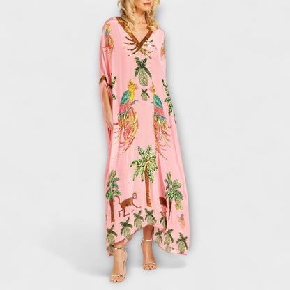 Linda | Women's Gorgeous Maxi Dress Featuring Asymmetrical Shoulders and Tropical Coconut Tree Print