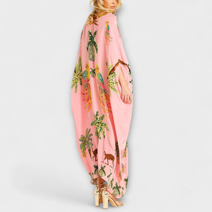 Linda | Women's Gorgeous Maxi Dress Featuring Asymmetrical Shoulders and Tropical Coconut Tree Print