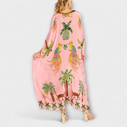 Linda | Women's Gorgeous Maxi Dress Featuring Asymmetrical Shoulders and Tropical Coconut Tree Print