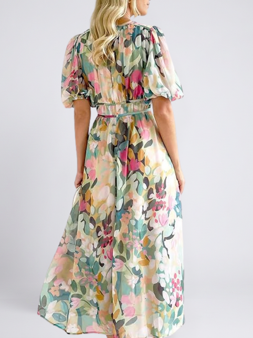 Eulalie | Women's Relaxed V Neck Short Sleeve Gathered Waist Midi Dress