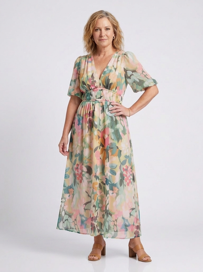 Eulalie | Women's Relaxed V Neck Short Sleeve Gathered Waist Midi Dress