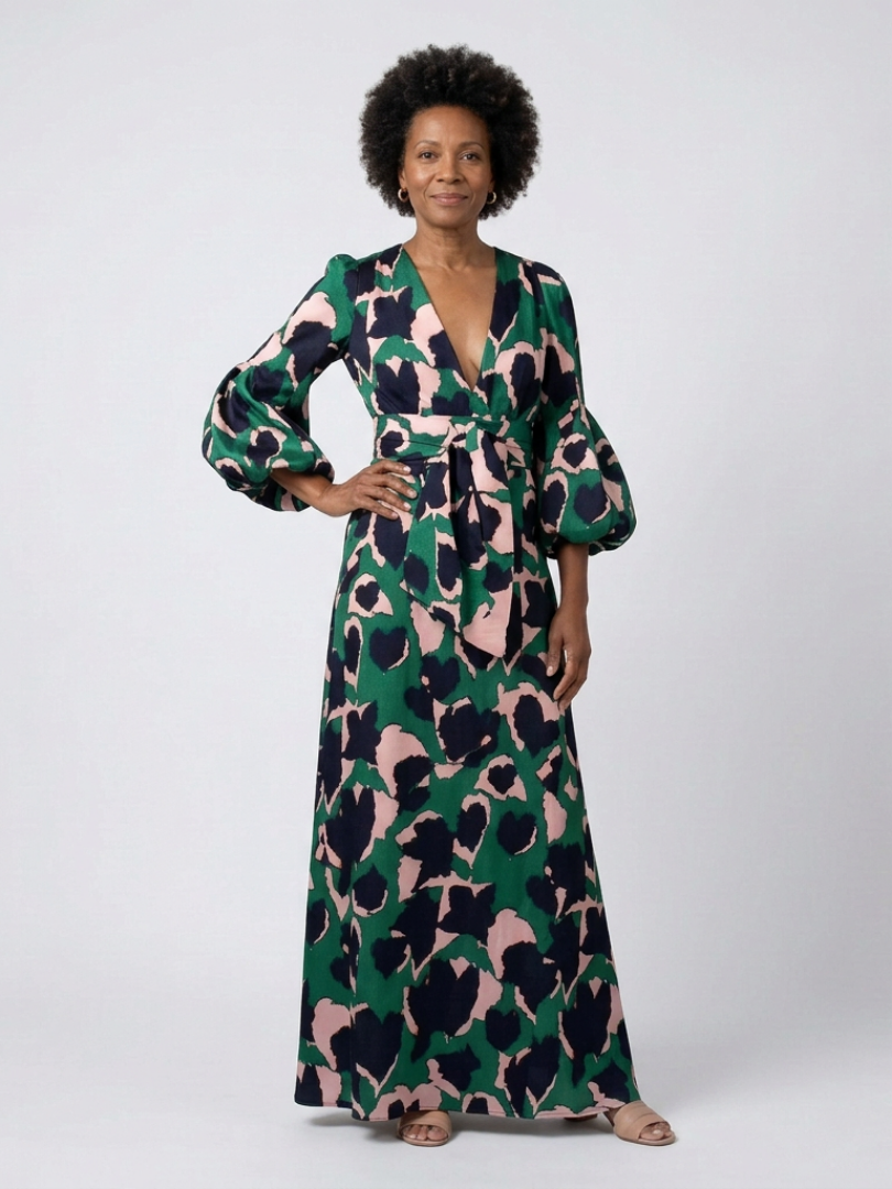 Isolde | Women's V Neck Tie Waist Long Sleeve Maxi Dress