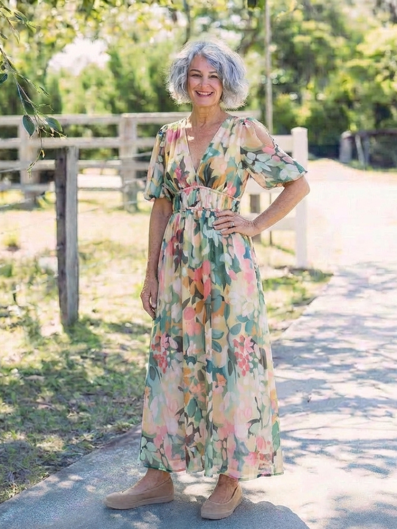 Eulalie | Women's Relaxed V Neck Short Sleeve Gathered Waist Midi Dress