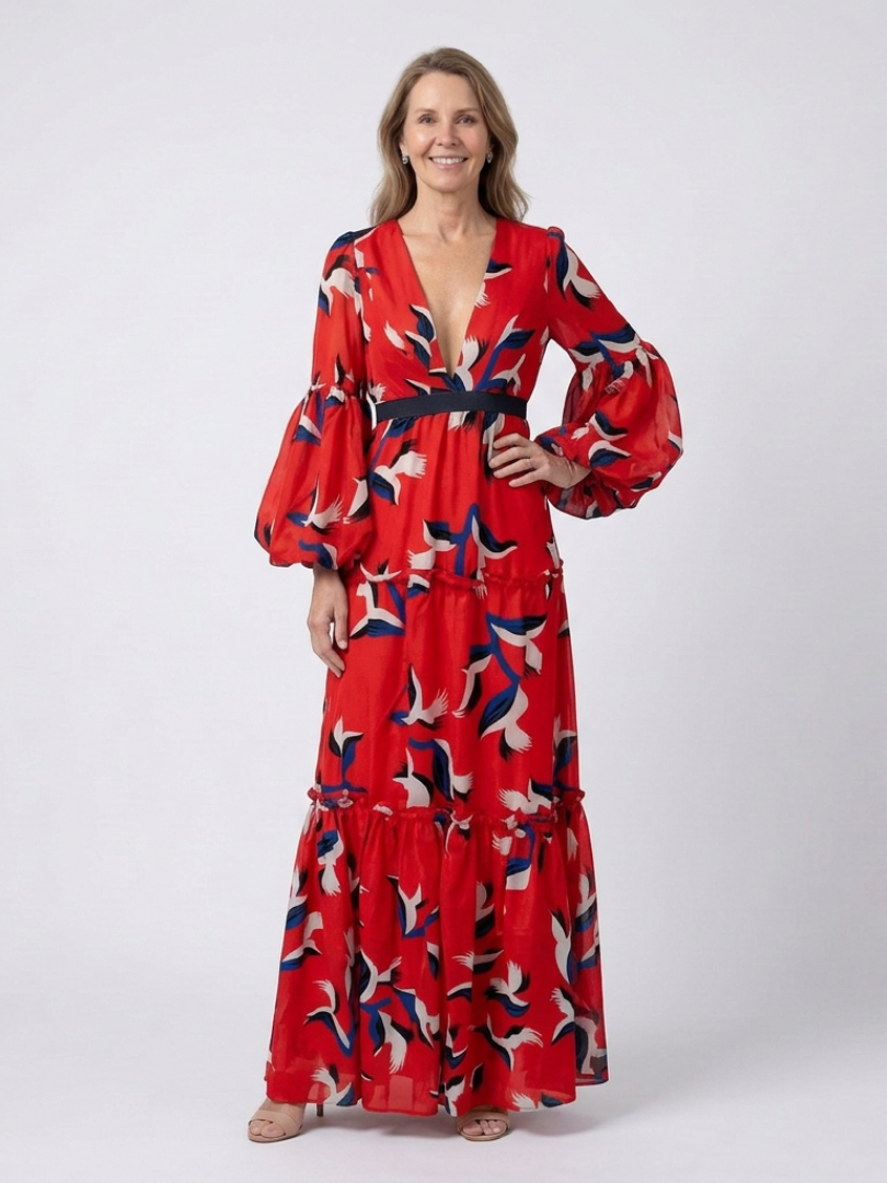 Isolde | Women's V Neck Tie Waist Long Sleeve Maxi Dress