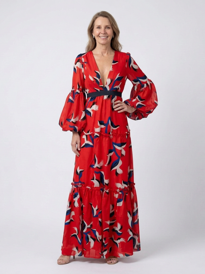 Isolde | Women's V Neck Tie Waist Long Sleeve Maxi Dress
