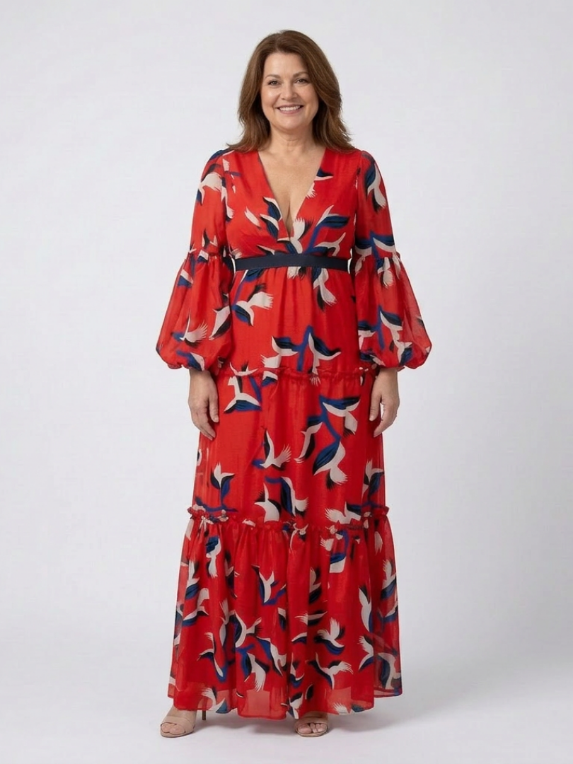 Isolde | Women's V Neck Tie Waist Long Sleeve Maxi Dress