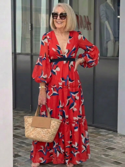 Isolde | Women's V Neck Tie Waist Long Sleeve Maxi Dress