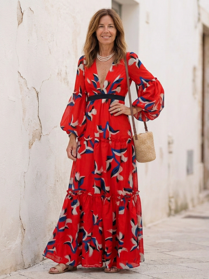 Isolde | Women's V Neck Tie Waist Long Sleeve Maxi Dress