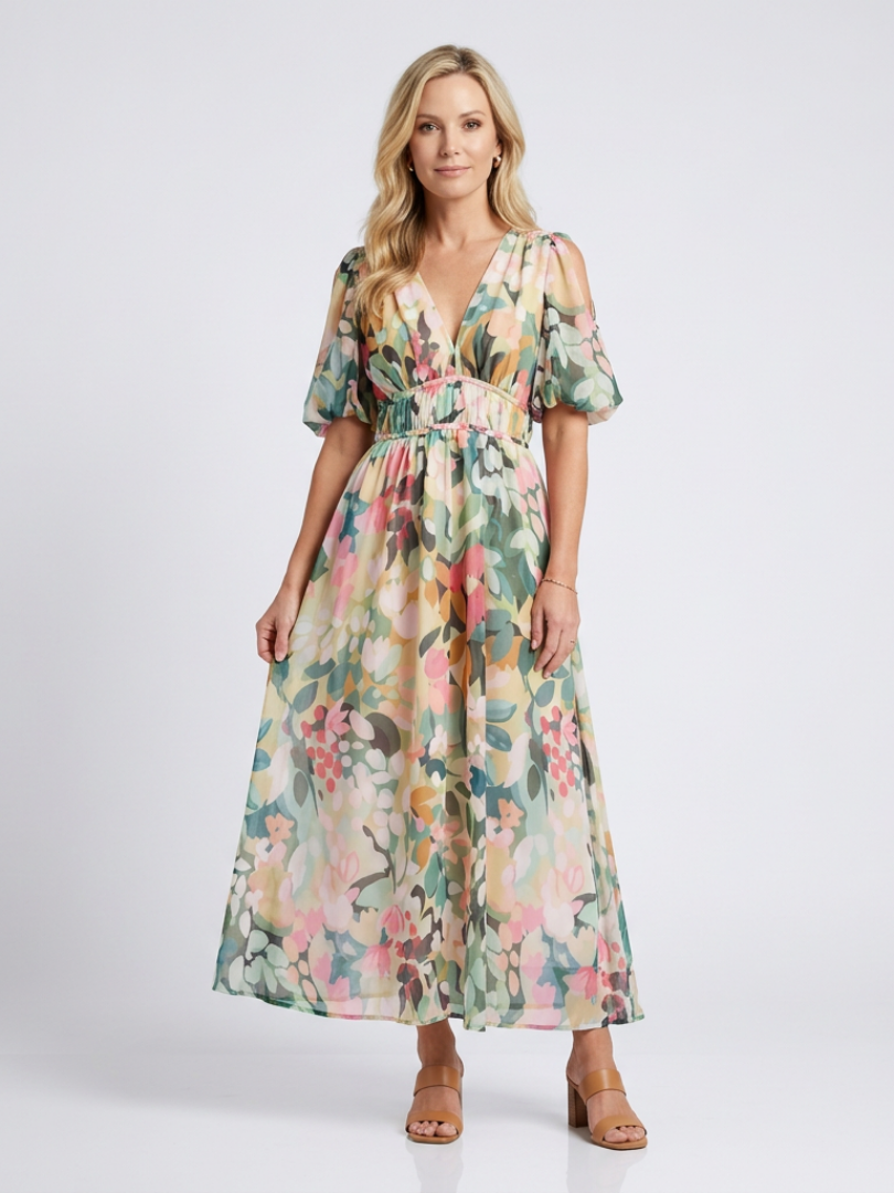 Eulalie | Women's Relaxed V Neck Short Sleeve Gathered Waist Midi Dress