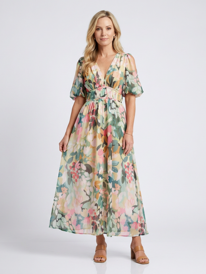 Eulalie | Women's Relaxed V Neck Short Sleeve Gathered Waist Midi Dress
