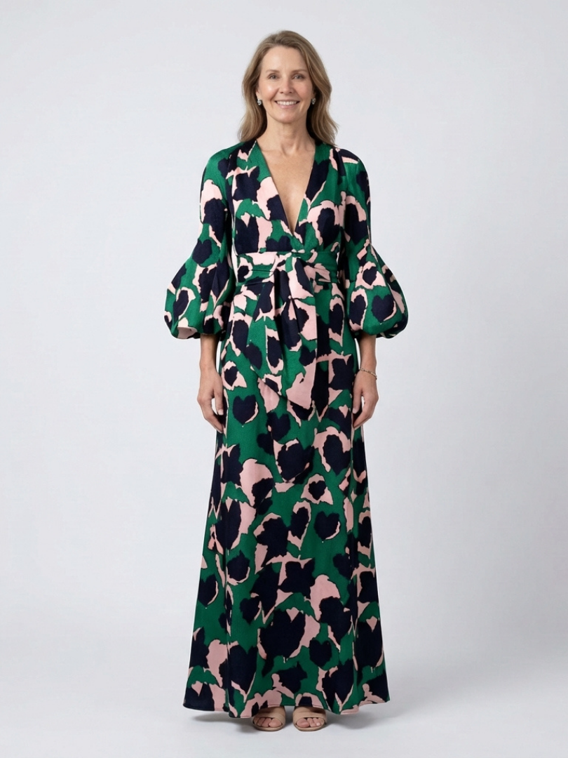 Isolde | Women's V Neck Tie Waist Long Sleeve Maxi Dress