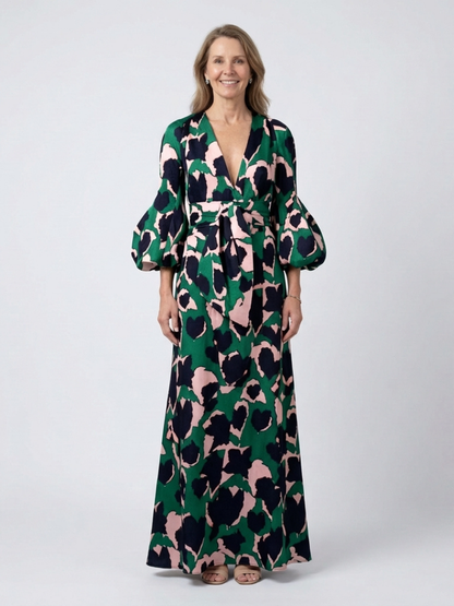 Isolde | Women's V Neck Tie Waist Long Sleeve Maxi Dress