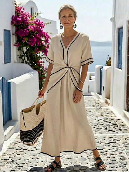 Linnea | Women's Relaxed V Neck Short Sleeve Gathered Waist Midi Dress