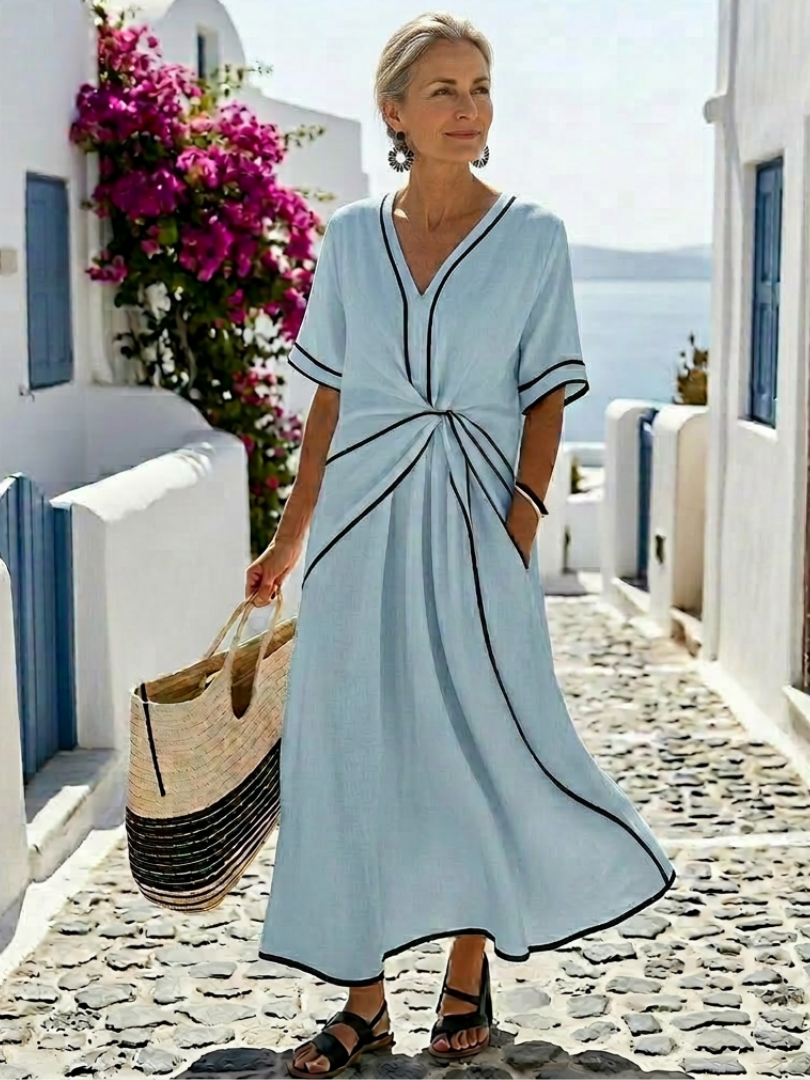 Linnea | Women's Relaxed V Neck Short Sleeve Gathered Waist Midi Dress