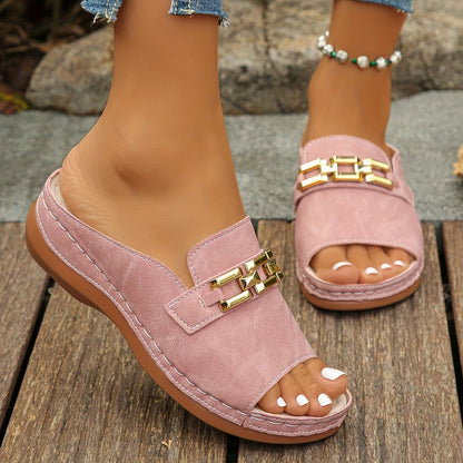 Women's Cushioned Open-Toe Romy Gold-Link Slide Sandals