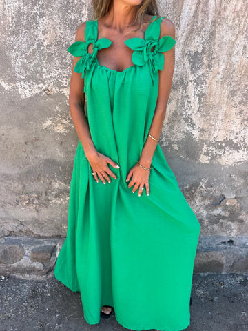 Floral Pattern Women's Maxi Dress with U-Shaped Neckline in Solid Colour