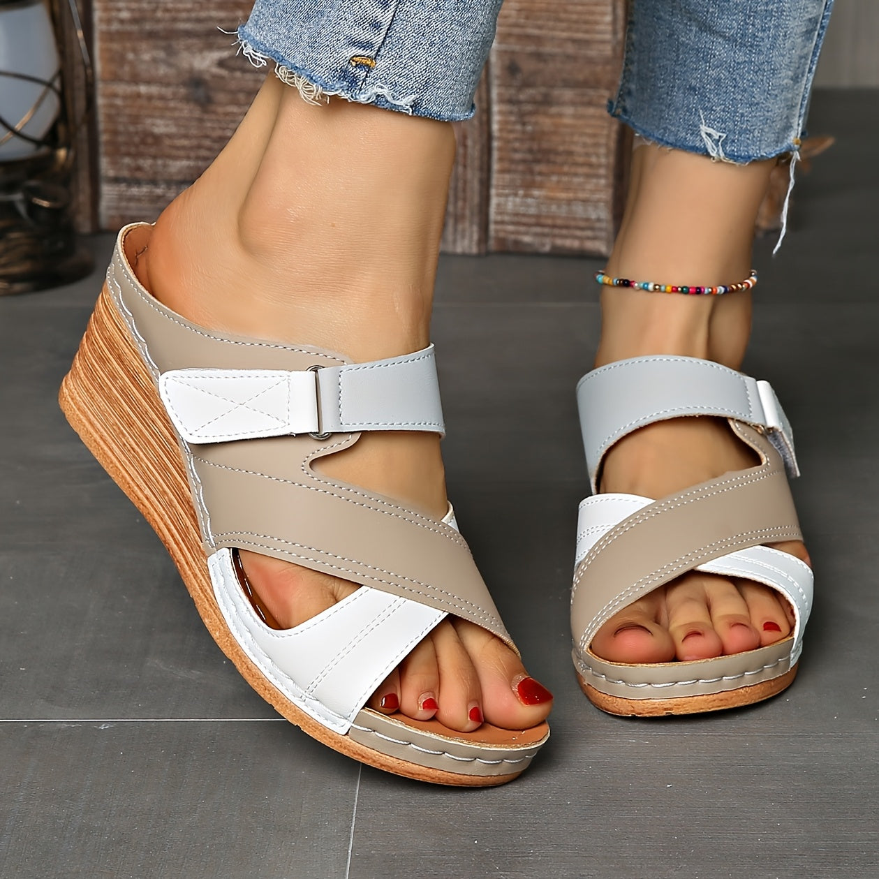 Women's Orthopedic Open-Toe Marina Colourblock Wedge Slides, Comfortable Sandals