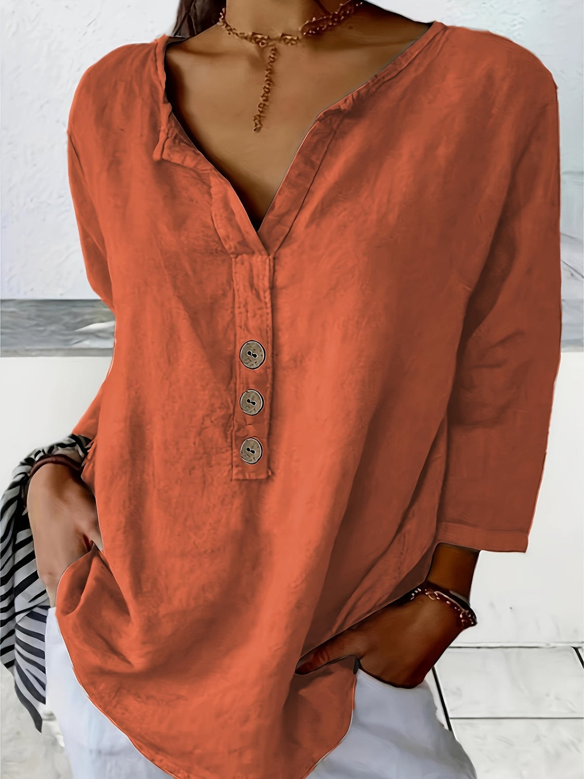 Harper | Women's Longline Relaxed Loose V-Neck Button-Up Top