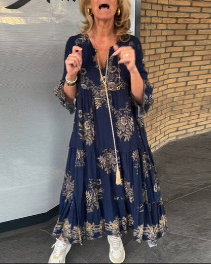 Rose | Women's Floral Vintage Loose V-Neck Midi Dress