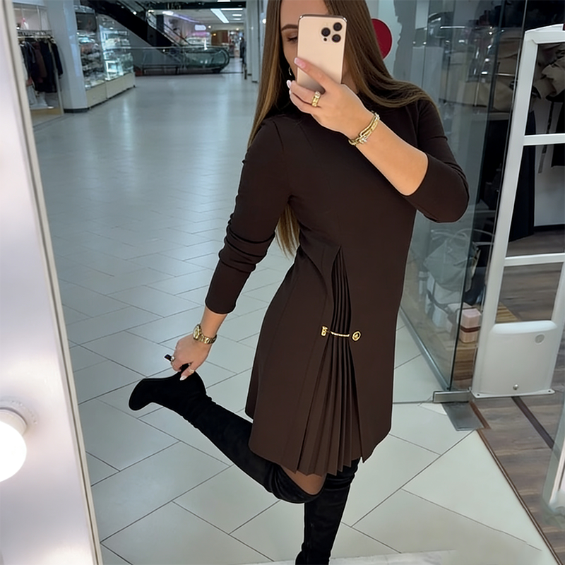 Women's Stylish Long-Sleeve Midi Dress with Pleated Details