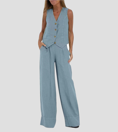 Aira | Women's Buttoned Vest & Wide-Leg Trousers Set