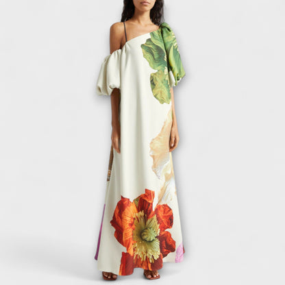 Women's Floral Maxi Dress with Asymmetrical Design and Pockets