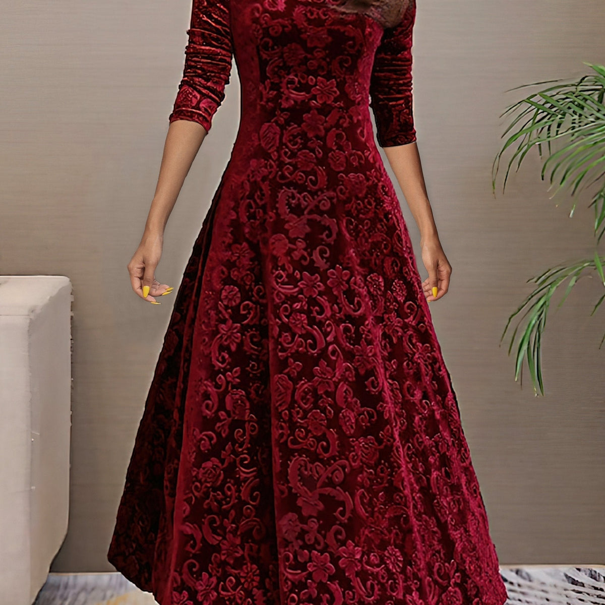 Nancy | Women's Luxe Holiday Midi Dress with V-Neck and Long Sleeve