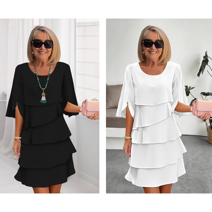 Chic Layered Midi Dress with Puff Sleeves for Women