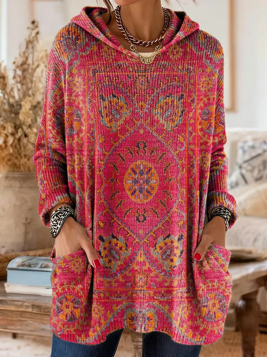 Women's Vintage-Inspired Hooded Tunic with Pockets and Ethnic Print