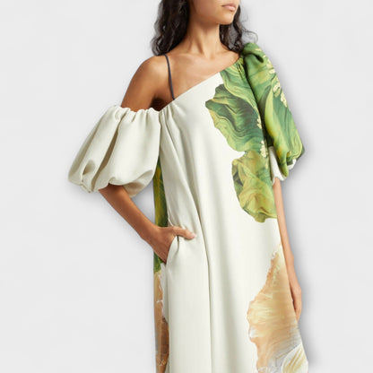 Women's Floral Maxi Dress with Asymmetrical Design and Pockets