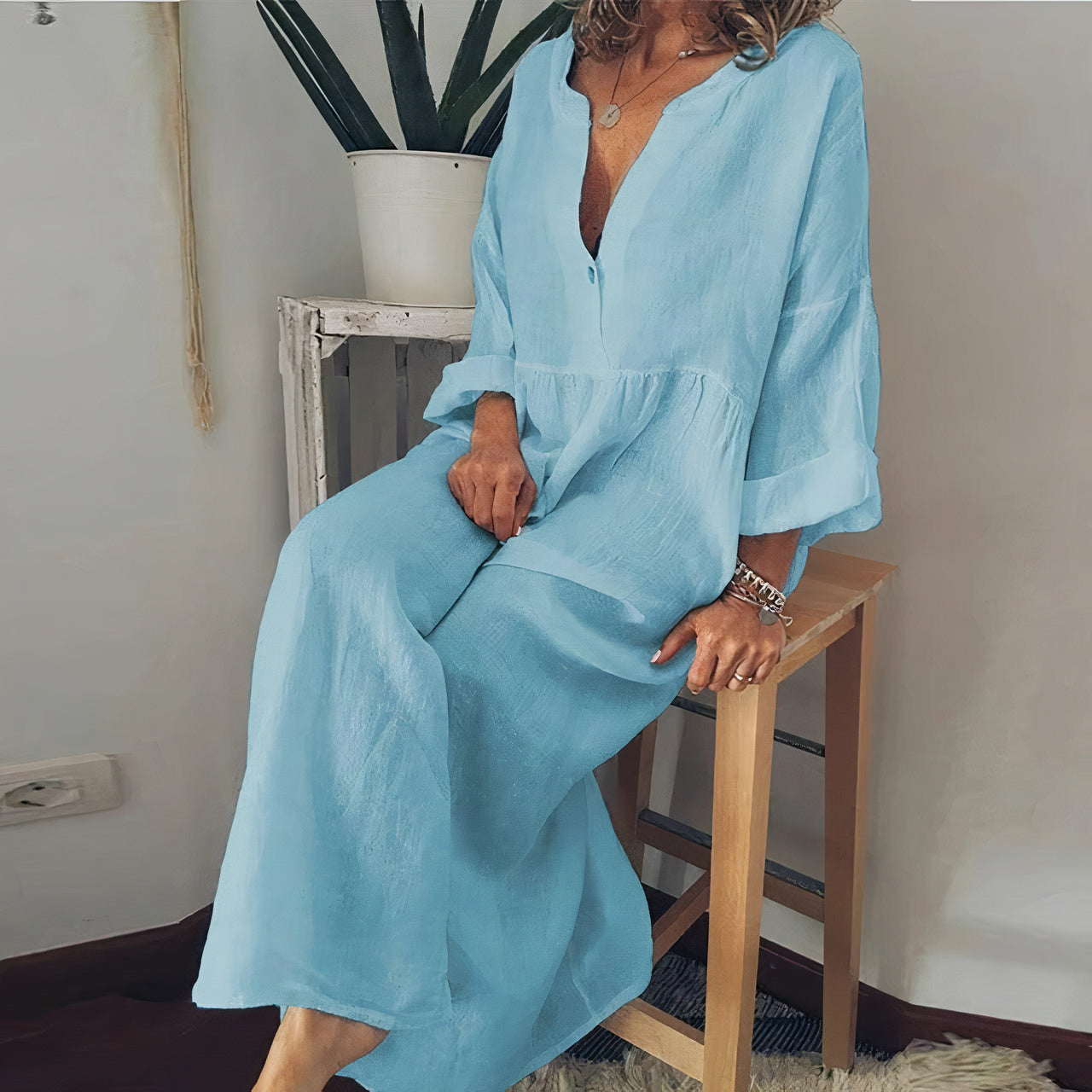 Women's Chic Blouse-Style Maxi Dress with Long Sleeve