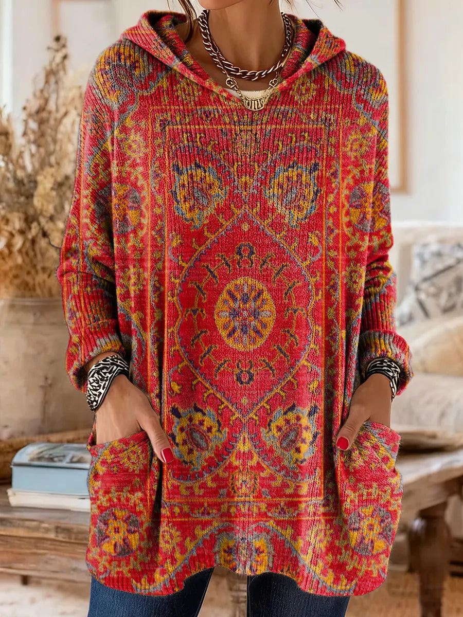 Women's Vintage-Inspired Hooded Tunic with Pockets and Ethnic Print